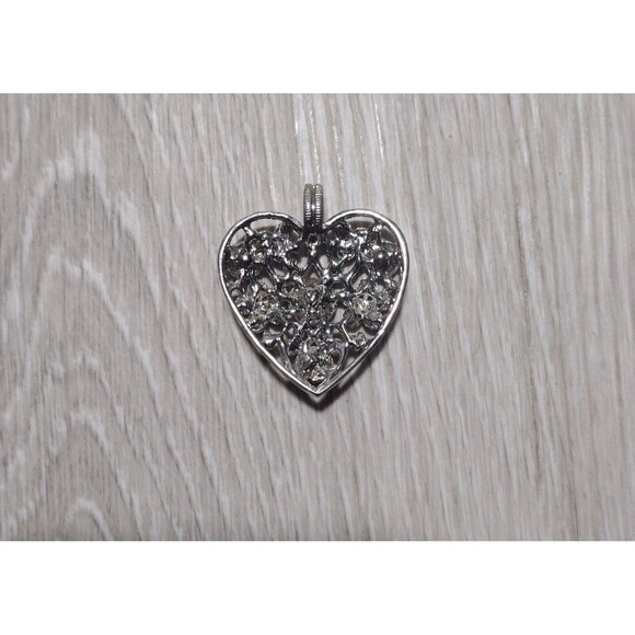 Rhinestone Silver Tone Heart Pendant - Statement Jewelry - Large Pendant - Picture 4 of 5